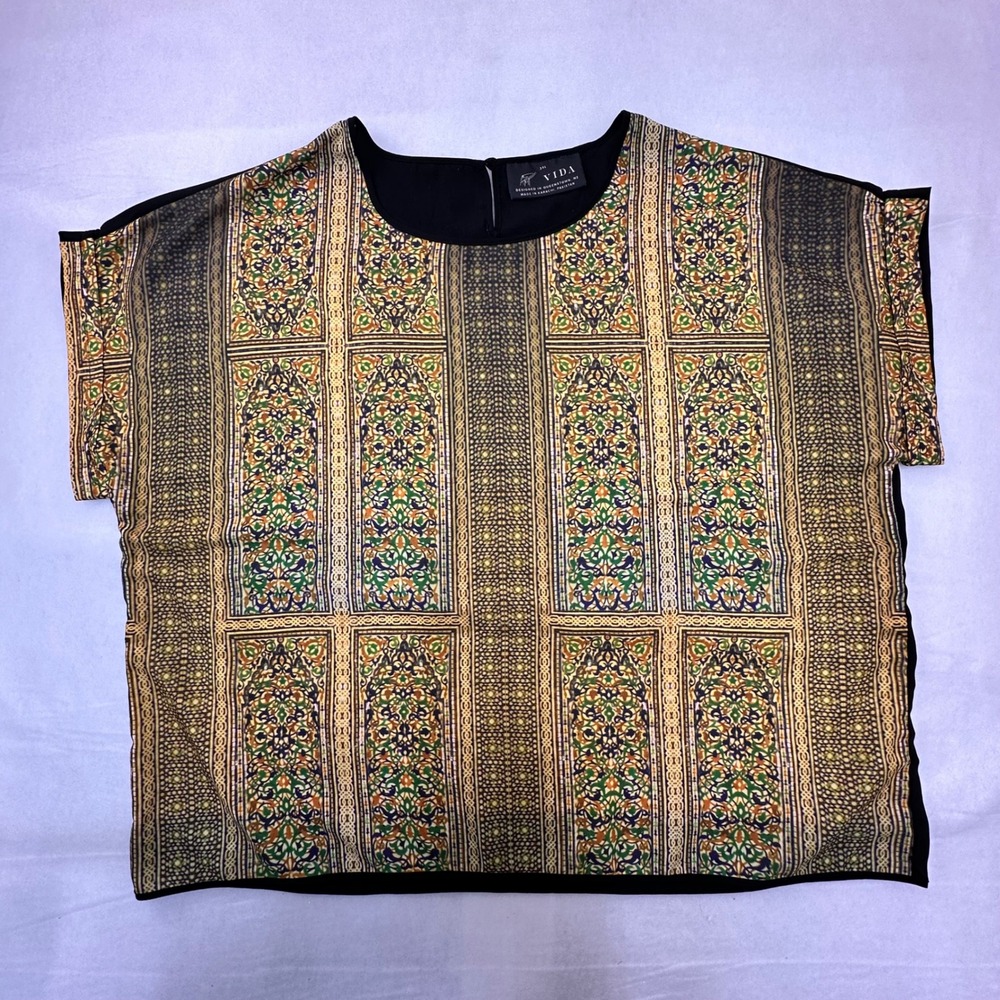 VIDA Womens 3XL Boxy Blouse Black Multi  Arabesque PanelPrint Cap Sleeve Top